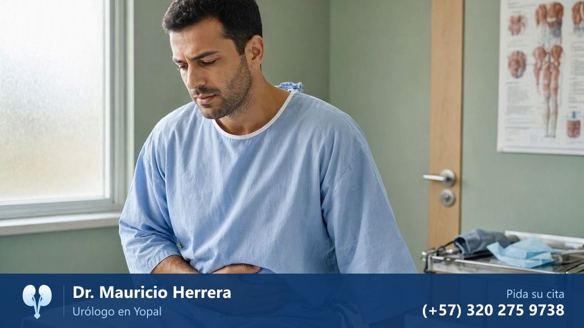 Hombre con la próstata inflamada, sentado en una camilla con la mano en el bajo vientre por dolor. Dr. Mauricio Herrera, urólogo en Yopal